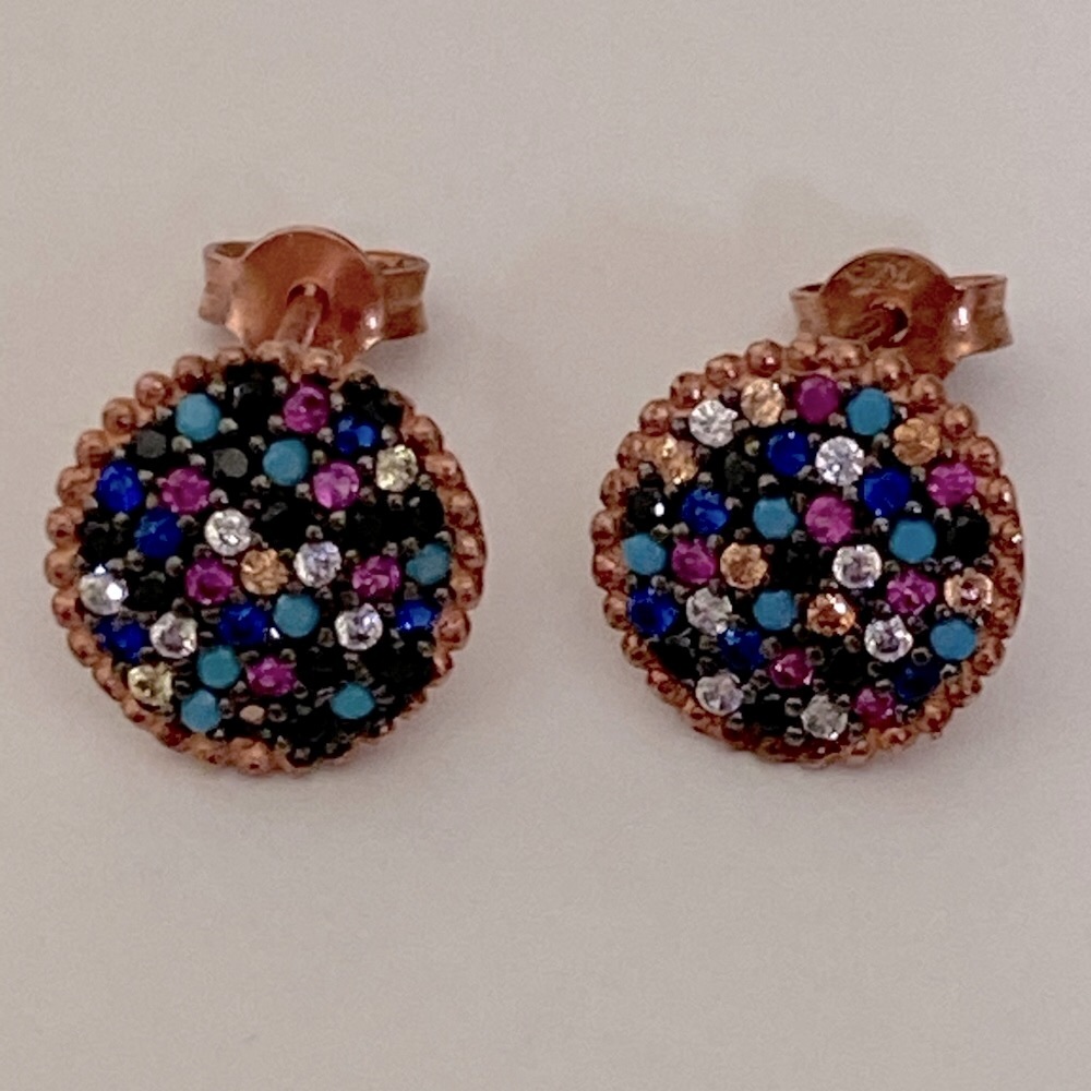 925 Silver round cz turquoise stones post earrings 14k rose gold plated
